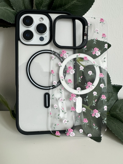 A MagSnap phone case showing pink roses on the back panel!