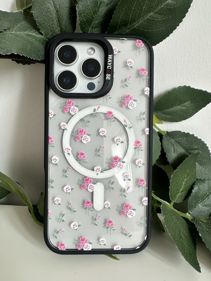 A MagSnap phone case showing pink roses on the back panel!