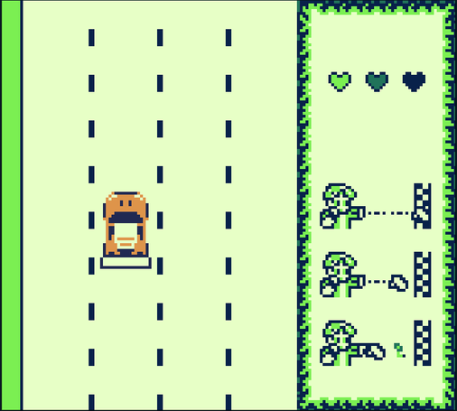 Game play of the game Maki Makulo for Game Boy showing an orange car driving on a highway with 3 hearts of different colors on the top right. Maki, the main character, is punching a finish line on the bottom right of the screen.
