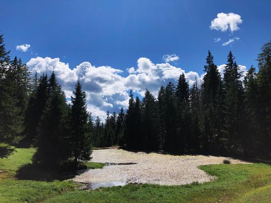 A tiny mountain lake surrounded by trees and clouds in the sky
