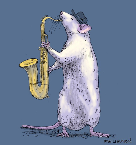 A cool rat in a fedora plays the sax in a cool blue nightclub of my mind