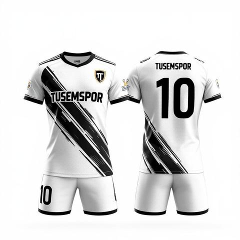 Beyaz zeminli, siyah çapraz fırça desenli ve 10 numara baskılı futbol forması
