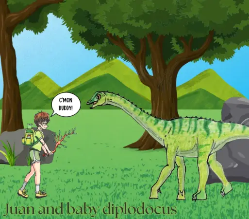 A sapien boy Juan feeds a juvenille Diplodocus.
