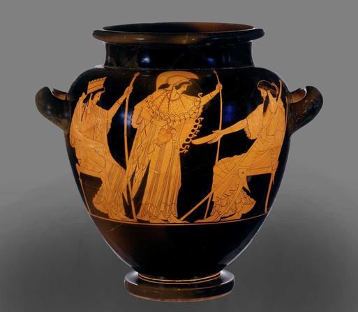 Red-figure vase painting of Athena holding an oinochoe (wine jug) as Zeus and Hera, seated to either side of her, proffer phialai (libation bowls) to be filled.