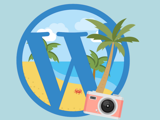 the WP logo with a background of a sandy beach, ocean and skies and a palm tree and camera in front