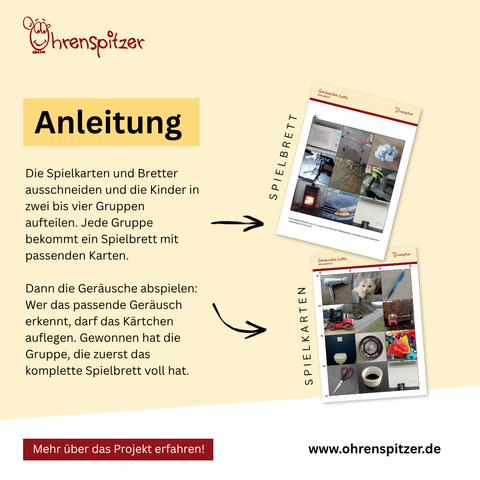 Anleitung: Die Spielkarten und Bretter ausschneiden und die Kinder in zwei bis vier Gruppen aufteilen. Jede Gruppe bekommt ein Spielbrett mit passenden Karten. 
Dann die Geräusche abspielen: Wer das passende Geräusch erkennt, darf das Kärtchen auflegen. Gewonnen hat die Gruppe, die zuerst das komplette Spielbrett voll hat.

Daneben sieht man das Spielbrett und die Spielkarten zum Ausschneiden. 