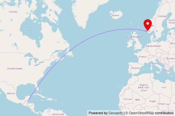 A map showing the great circle route from Camalote in Belize to a map pin at Riska gamle kirke, Kirkegårdstien, 4310 Hommersåk, Norway