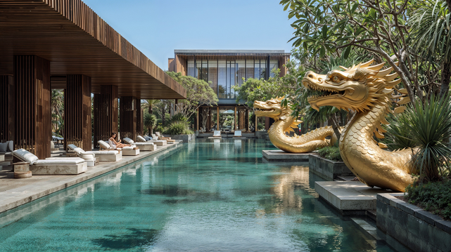 Golden Lotus, swimming pool of a dream resort hotel
Local traditions form the backbone of the aquatic space proposed for guests’ leisure. 