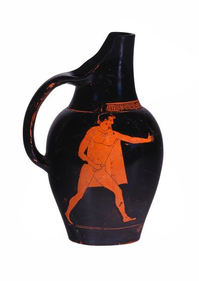 Red-figure vase painting of a man in a chlamys cloak running with his erect phallus in his right hand.