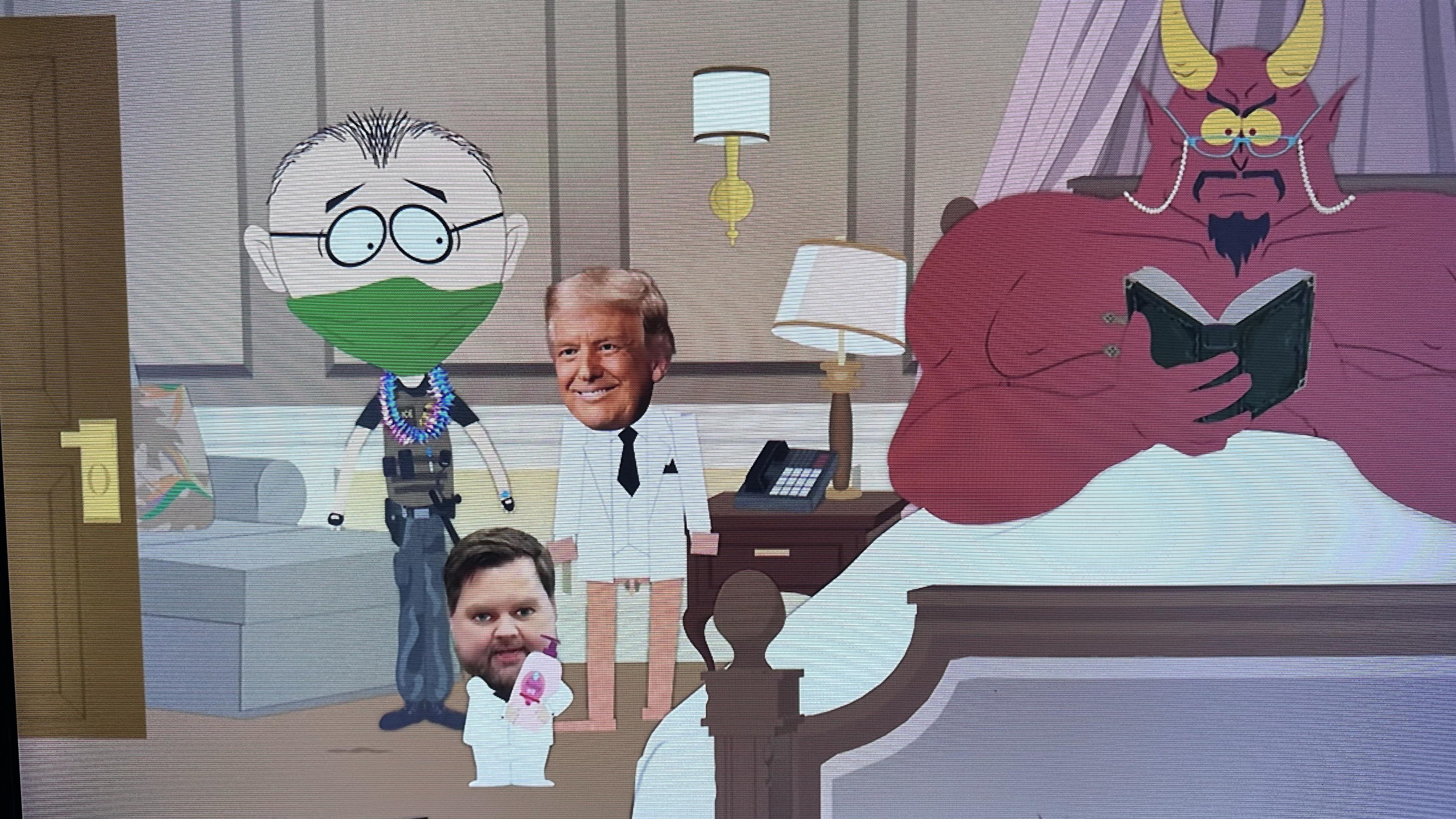 Mr. Garrison in an ICE mask, President Trump in a white tuxedo pantsless, small vice president JD Vance holding lotion, Satan in bed reading a book with reading glasses. 