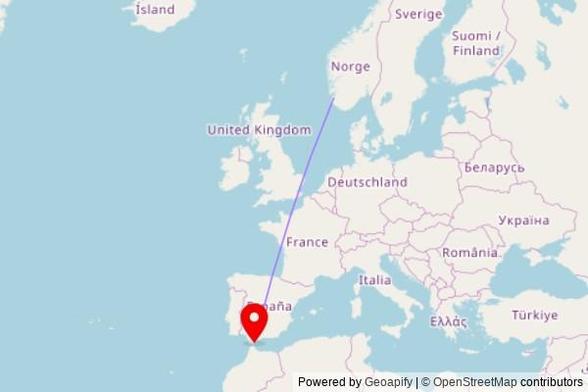 A map showing the great circle route from Hommersåk in Norway to a map pin at St. Paul's Church, Varyl Begg Estate, Gibraltar