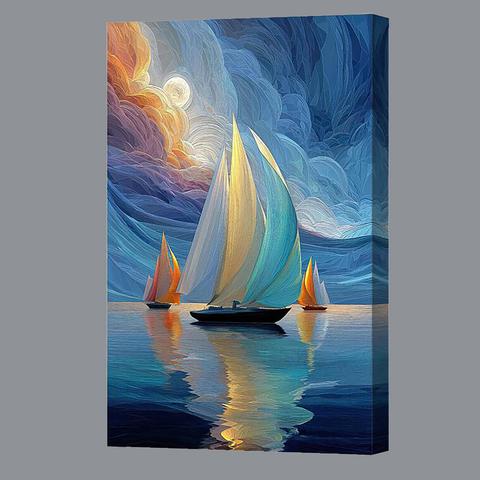  A vibrant digital painting titled "Sailboat Symphony with Ethereal Light" by Lena Owens, featuring three sailboats gliding on a serene sea. The sky is a stunning blend of orange, purple, and blue hues with a glowing moon, reflecting beautifully on the water. Available for purchase on Fine Art America and Shop Pixels.