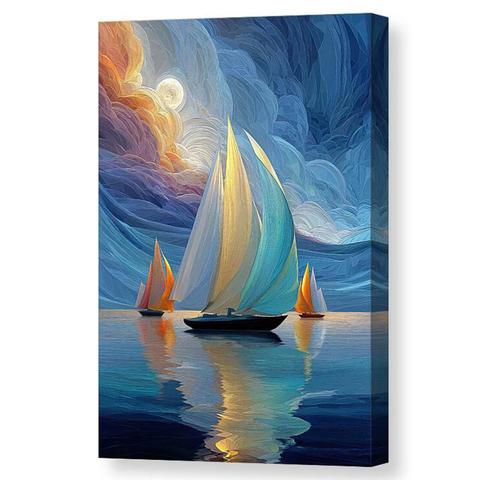  A vibrant digital painting titled "Sailboat Symphony with Ethereal Light" by Lena Owens, featuring three sailboats gliding on a serene sea. The sky is a stunning blend of orange, purple, and blue hues with a glowing moon, reflecting beautifully on the water. Available for purchase on Fine Art America and Shop Pixels.