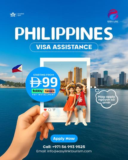 Philippines Visa Assistance – Starting from just AED 99!
Planning a trip to the Philippines? Let Easy Link handle your visa process with ease and professionalism—affordable, reliable, and stress-free!
📞 +971 56 993 9525 (Call/WhatsApp)
#EasyLinkTourism #PhilippinesVisa #VisaAssistanceUAE #TravelToPhilippines #FilipinoCommunityUAE #VisaExperts #TabbyTamara #UAEToPhilippines #VisaHelpDubai #AffordableVisa