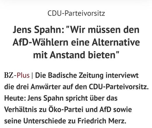 Screenshot eines Nachrichtenbeitrags der "Badischen Zeitung": "Jens Spahn: Wir müssen den AfD-Wählern eine Alternative mit Anstand bieten"