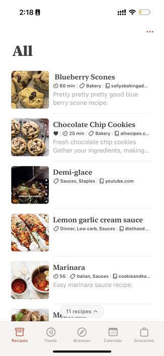 A screenshot of a recipe app displaying various recipes, including Blueberry Scones, Chocolate Chip Cookies, Demi-glace, Lemon Garlic Cream Sauce, and Marinara. Each recipe includes preparation time, category, and a brief description. Navigation options for recipes