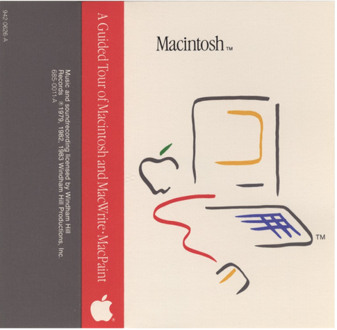 The image is a cover for a guided tour of Macintosh and its applications, MacWrite and MacPaint. The background is a light beige color, with a vertical red stripe on the left side. The red stripe contains white text that reads "A Guided Tour of Macintosh and MacWrite - MacPaint" and "Music and sound recording licensed by Windham Hill Productions, Inc." The Apple logo is present at the bottom of the red stripe. The main illustration on the cover features a minimalist drawing of a Macintosh compu…