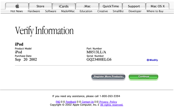 The image shows a webpage from Apple's support site, specifically a page for verifying information about an iPod. At the top, there is a navigation bar with various tabs such as "Store," "iCards," ".Mac," "QuickTime," "Support," and "Mac OS X." Below the navigation bar, the page title "Verify Information" is prominently displayed. The page contains fields for entering details about the iPod, including "Product Model" with the value "iPod," "Part Number" with the value "M8513LL/A," "Purchase Dat…