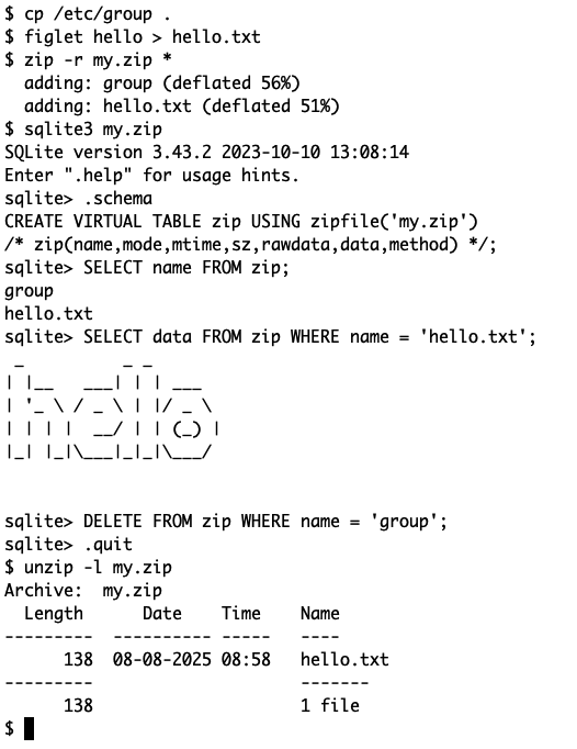 I create a zip file with two files in it, load it in sqlite3, select the data from one of the files, DELETE the other from the "virtual zip table&quot; and presto: file is gone.