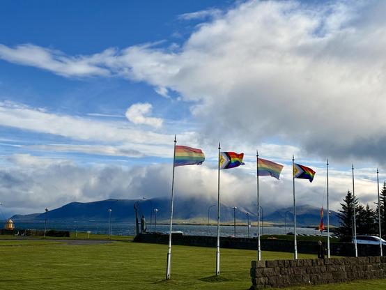Pride flags are raised on the lawn at Höfðihús in Reykjavík with Mt. Esja in the background 