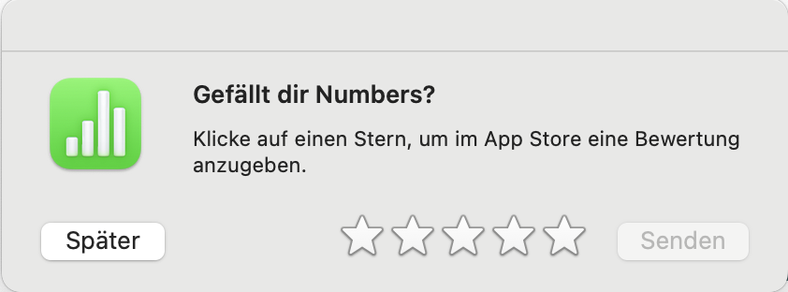 Ein nerviger Bewertungsdialog, den man sonst nur aus AppStore-Spielen kennt, bittet für die „Numbers“-App (das Excel von Apple) unter macOS nach einer Sterne-Bewertung