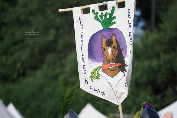 Bannière à la tête de cheval mordant une carotte sur fond de navet