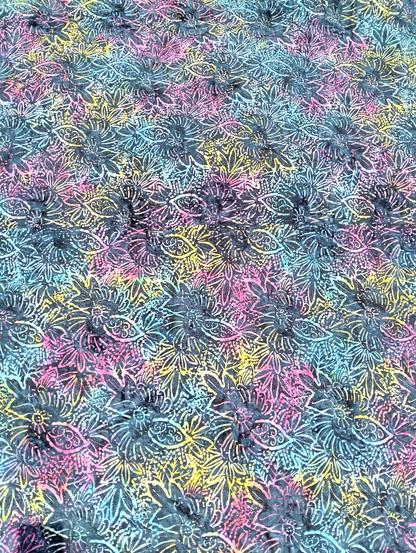 a close-up of the reverse side, it is floral designs with pink, blue and yellow colors in patterns tinting them 