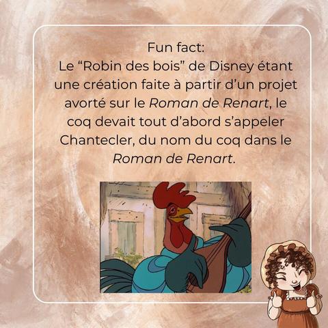 Slide texte expliquant que le coq ménestrel du Robin des bois de Disney devait s'appeler Chantecler, comme le coq du Roman de Renart.