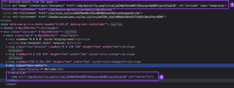 Final HTML output showing preload and img tag later on the page.