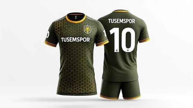  Zeytin yeşili zeminli, altın bal peteği desenli dijital futbol forması