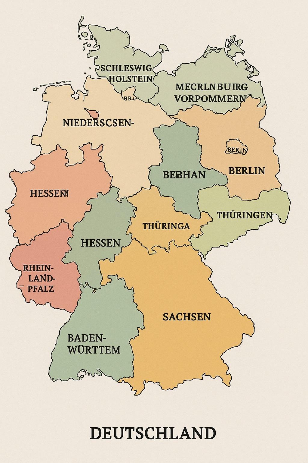 Ein misslungener Versuch des neuen GPT5-Systems, eine Karte von Deutschland mit Benennung der Bundesländer zu erstellen. Rechtschreibfehler, doppelte Label und falsche Platzierungen dieser. Ein misslungener Versuch des neuen GPT5-Systems, eine Karte von Deutschland mit Benennung der Bundesländer zu erstellen. Rechtschreibfehler, doppelte Label und falsche Platzierungen dieser.
