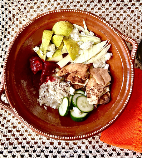#From left: homemade Orange-Glazed Beets, Anjou pear, cabbage, oven-crisped broken pita chips, cucumber,  homemade babaghanoush sprinkled with sumac. Crumbled Oaxaca queso blanco
