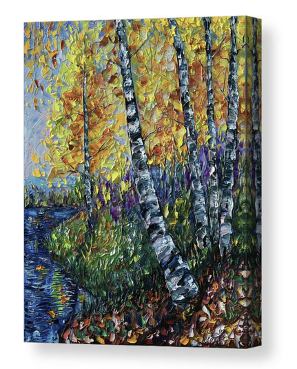
 A vibrant oil painting of Colorado aspen trees in autumn, created with thick impasto texture and palette knife technique. Golden leaves shimmer against a textured forest backdrop, evoking warmth and movement.