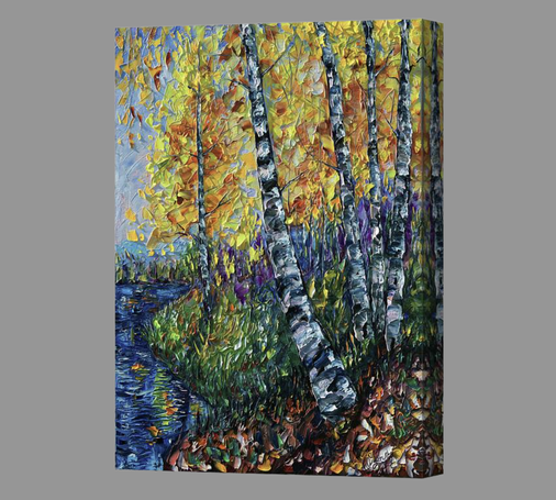 
 A vibrant oil painting of Colorado aspen trees in autumn, created with thick impasto texture and palette knife technique. Golden leaves shimmer against a textured forest backdrop, evoking warmth and movement.