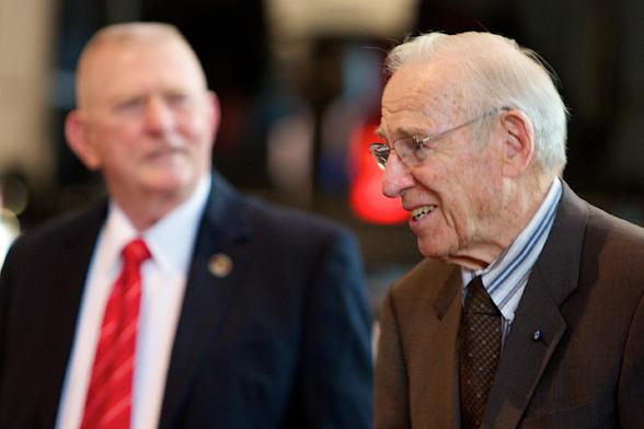 Apollo 13 Mission Commander Jim Lovell (R)arrives at the National Air and Space Museum with Mission Controller Gene Kranz on April 15, 2010.