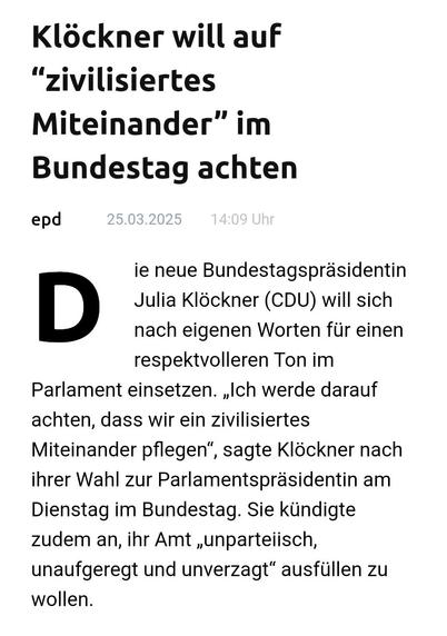 Screenshot einer epd-Meldung: "Klöckner will auf "zivilisiertes Miteinander" im Bundestag achten"