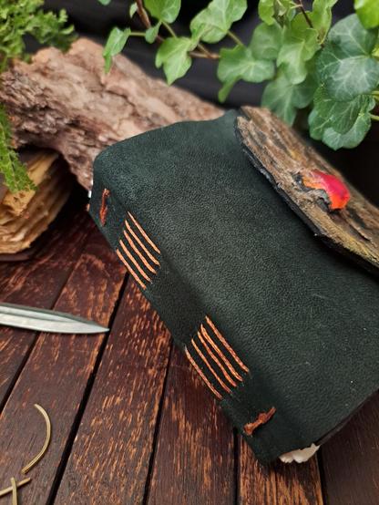 The book leaning on some wood bark on its side revealing the hand stitched spine. The pages have been bound with light brown, almost orange thread.
