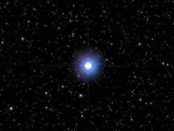 The star Elnath. Elnath is a blue-white giant star, the second-brightest in the constellation Taurus. It marks the bull's northern horn and is about 130 light-years away. 