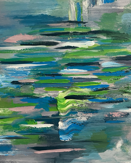 Abstract painting with hues of green, blue, white. Horizontal strokes and textural changes. Painting by Ella Pesonen. 