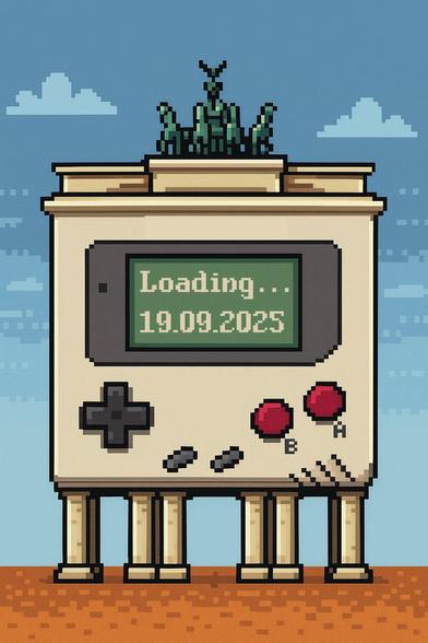 Das Brandenburger Tor in Pixeloptik. Aber ein Gameboy anstelle des Tores. Auf dem Display die Konzertankündigung: 19.09.2025