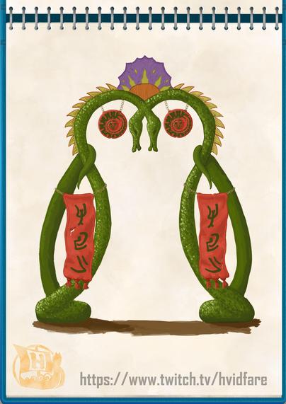 A fantasy green serpent fantasy archway. Two lingering serpents on each side that meet at the top of the arch. There are a red fantasy rune banner hanging from each of the pillars. 