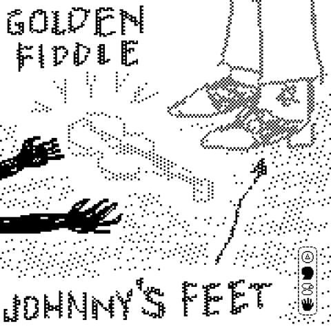 a pixelly, black and white drawing of a pair of dark, supernatural hands laying a golden fiddle on the ground in front of a pair of legs wearing cowboy boots. a caption in the top corner reads: golden fiddle. a caption in the bottom corner reads: johnny’s feet.