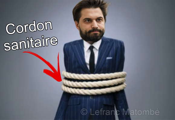 Montage humoristique montrant Gloub en costume bleu rayé, les bras attachés par une grosse corde autour de la taille, avec l’inscription “Cordon sanitaire” et une flèche rouge pointant vers la corde.