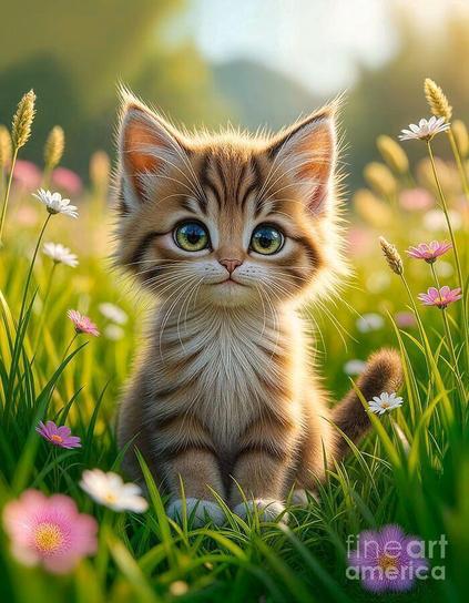 A cute tabby kitten with large, expressive green eyes sits amidst tall grass and colorful wildflowers of pink, white and purple in a sunlit meadow, looking adorably curious and innocent.

The scene captures a sense of warmth and serenity, with the bright flowers and lush green grass framing the kitten beautifully.

I feel the kitten is wishing someone to take her / him home with them.

Digital art by Kaye Menner

https://kaye-menner.pixels.com/featured/please-take-me-home-by-kaye-menner-kaye-menner.html

THE FINE ART AMERICA LOGO WILL NOT APPEAR ON PURCHASED PRINTS OR PRODUCTS.