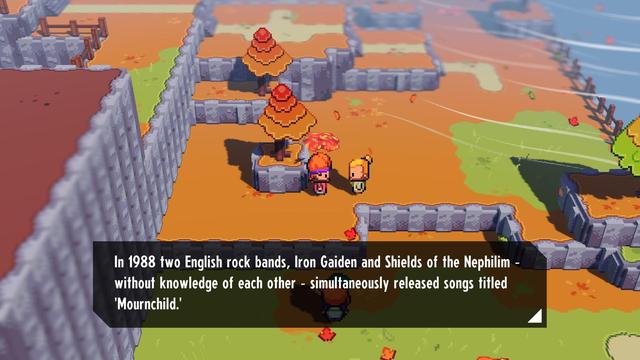 Two characters talking im a retro-style, pixel art video game. The dialog reads: "In 1988 two English rock bands, Iron Gaiden and Shields of the Nephilim - without knowledge of each other - simultaneously released songs titled 'Mournchild'. "