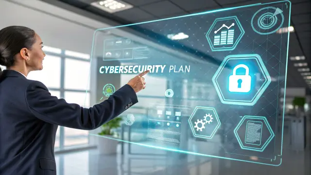 Business professional using a futuristic digital touchscreen displaying the words Cybersecurity Plan with padlock icon and data graphics in a modern office.
