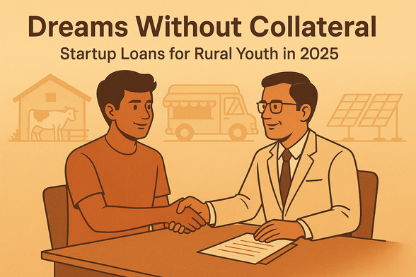 A flat-style digital illustration of a young rural entrepreneur shaking hands with a bank manager across a desk, with background silhouettes of a dairy unit, food truck, and solar panel setup. Overlay text reads “Dreams Without Collateral — Startup Loans for Rural Youth in 2025.”