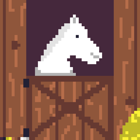 An image of a stable with a white pony with his head peeking out over the top of a half door. There is hay in the bottom corner. Pixel art.
