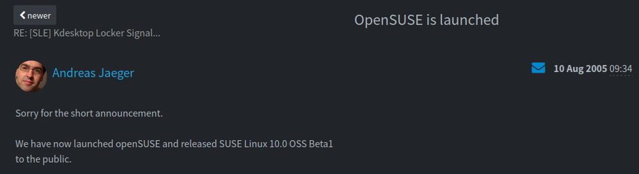 Captura de pantalla del anuncio hecho por Andreas Jaeger el 10 de agosto de 2005 en el foro de SUSE informando el lanzamiento de OpenSUSE