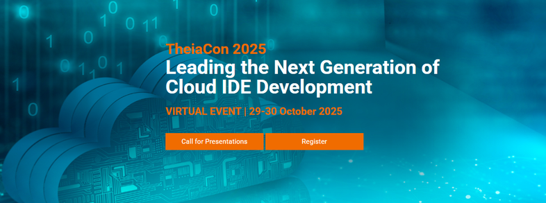 Screenshot of the Theia Con web site with the CFP and Registration links.